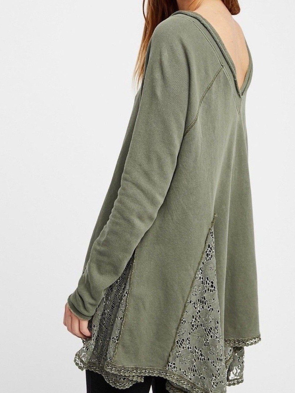 Free People No Frills Boho Tunic Olive Green Lace Eyelet Long Sleeve Top Small